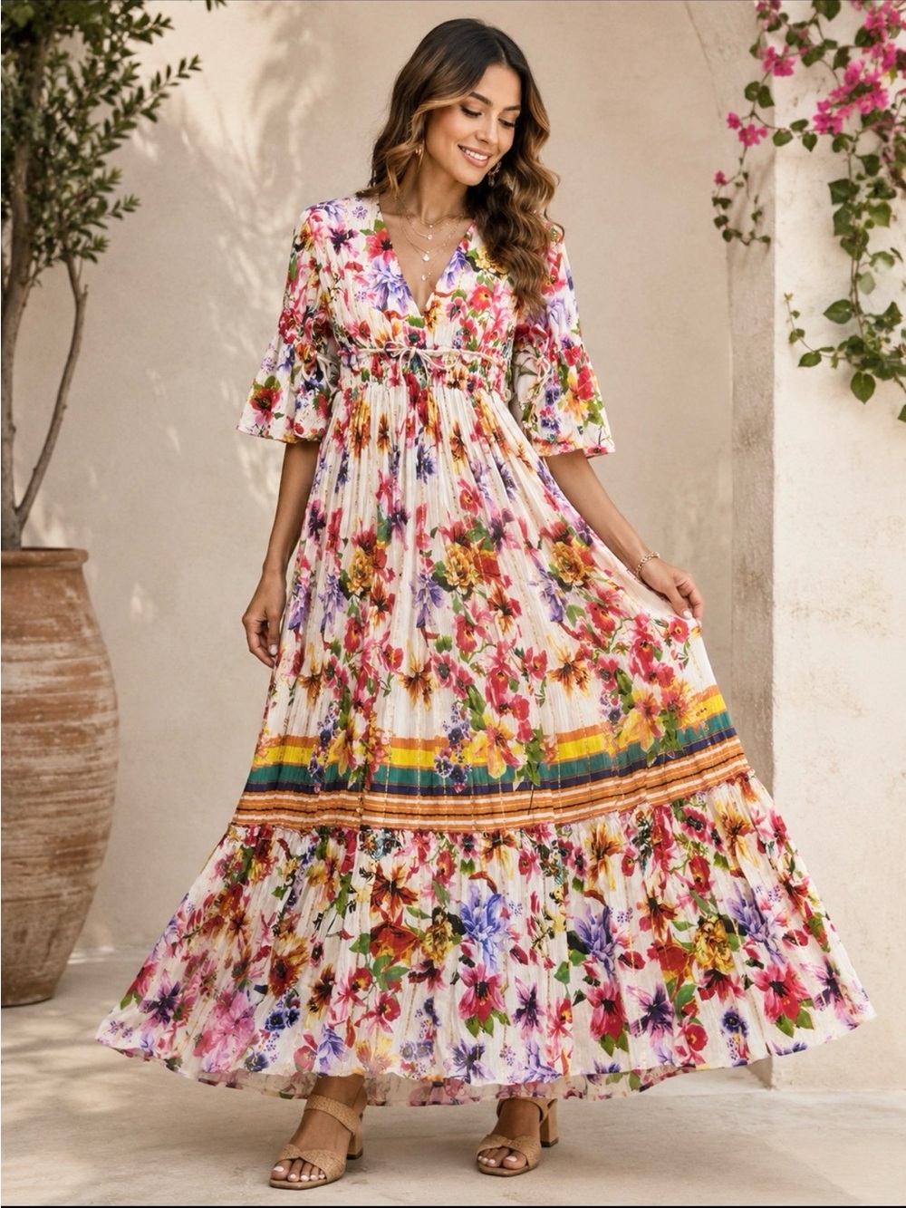 Me 2 Magic Bohemian Wildflower Floral Maxi Dress with Tiered Skirt Womens S